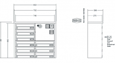 RENZ Briefkastenanlage Aufputz, Tetro, Kastenformat 370x110x270mm, mit Klingel - & Lichttaster und Vorbereitung Gegensprechanlage, 9-teilig